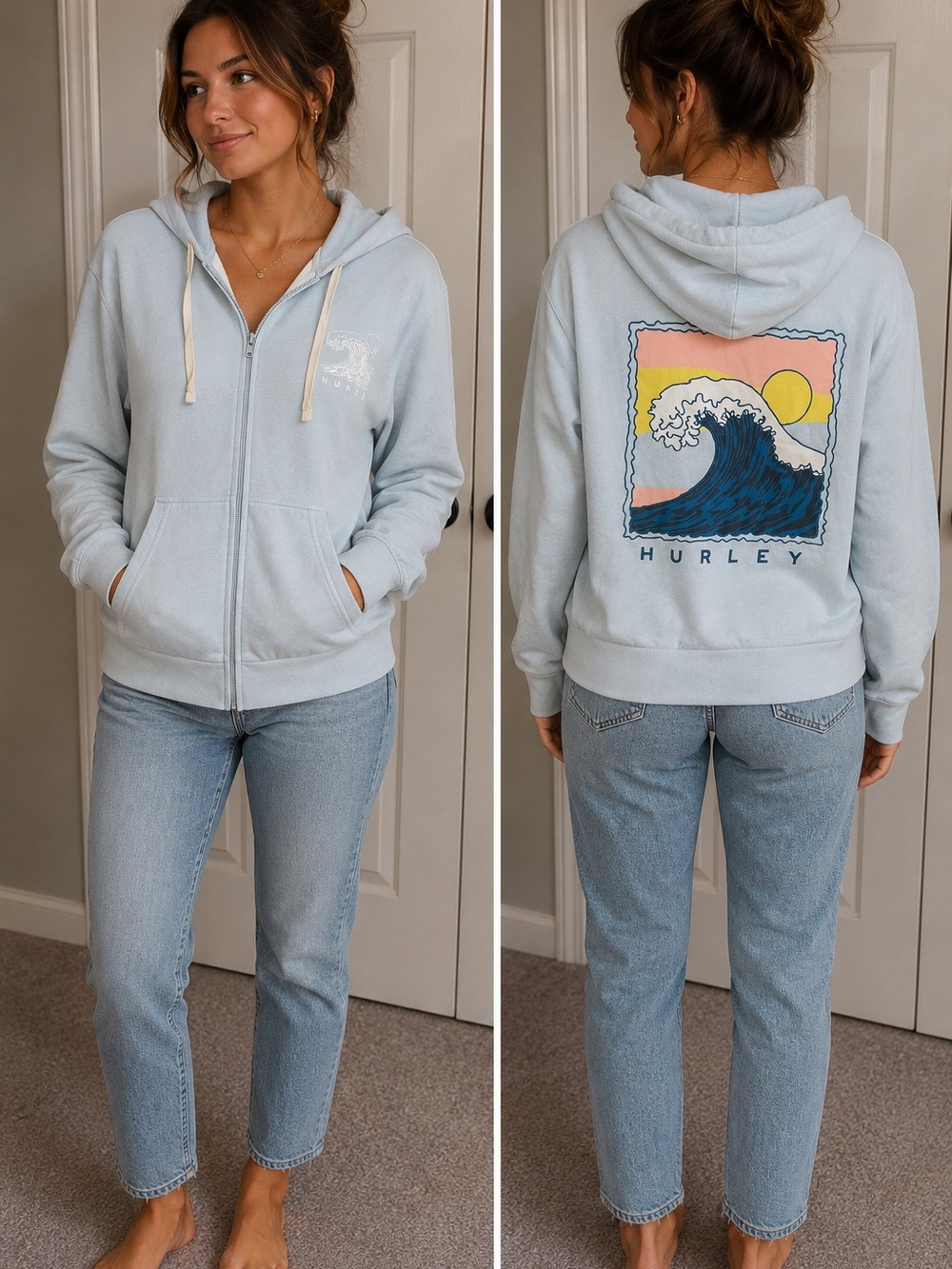 Hurley Light Blue Full Zip Hoodie | Size (Small)| Surf Skater Coastal